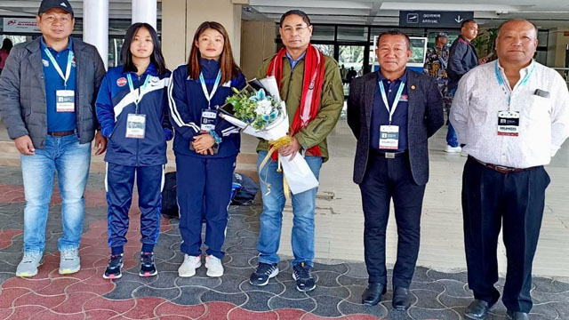 Sokun Singh, Vice President of the Taekwondo Federation of India, being welcomed at Dimapur airport Monday. Image: Agency