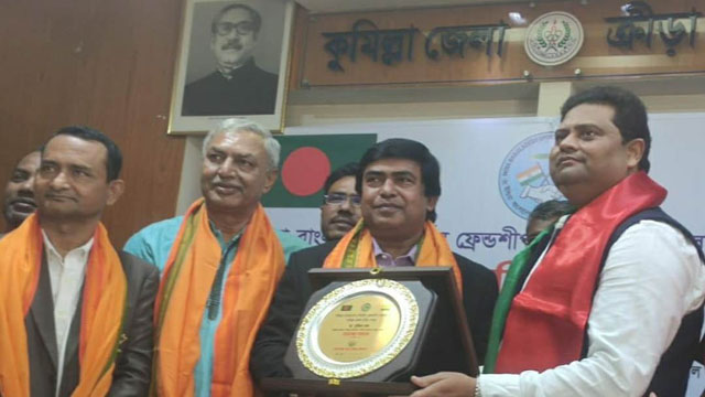 India-Bangladesh Sports Friendship Forum General Secretary and sports organiser Sujit Roy graces a discussion on strengthening bilateral ties in field of sports with Comilla District Sports Forum at Comilla Saturday. Image: Web