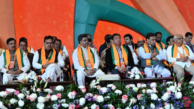 Tripura Chief Minister Dr Manik Saha is seen with his Arunachal Pradesh and Assam counterparts on the first day of two-day national convention of the BJP in New Delhi Saturday. Image: Web