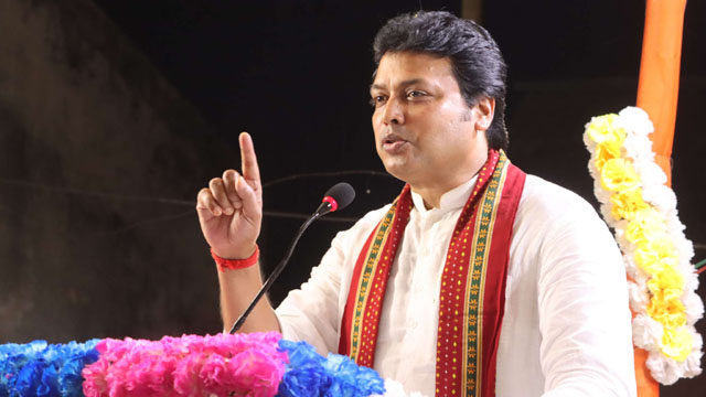 Former Tripura Chief Minister and BJP candidate in West Tripura Lok Sabha constituency Biplab Kumar Deb addresses an election rally Tuesday. Image: Indigenousherald