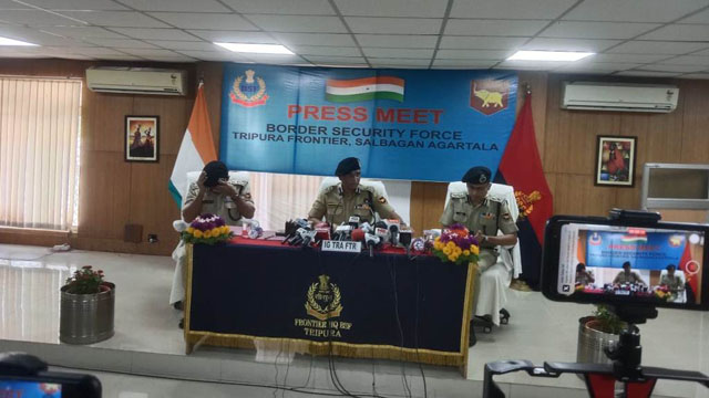 Senior BSF officers speak at a news conference at Tripura Frontier Headquarters in Agartala Monday to disseminate achievements in past operational year. Image: BSF