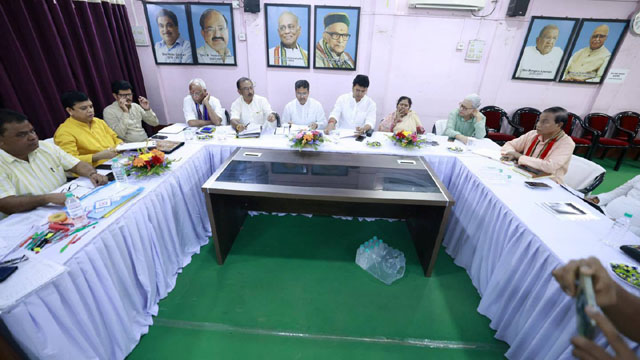 Tripura Chief Minister Dr Manik Saha, former Chief Minister Biplab Kumar Deb and senior leaders attend a party meeting in Agartala Friday to discuss matters concerning ensuing Panchayat elections. Image: Web