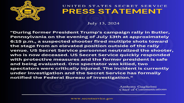 The latest statement from the US Secret Service regarding the gun attack on former President Donald Trump at a campaign rally. Image: Web