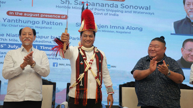 Union Minister Sarbananda Sonowal in traditional attires during a conference at Dimapur Monday. Image: Web