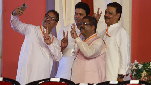 Central BJP leader BL Santhosh Thursday tweets (X) a picture of four party leaders, one of them former Tripura Chief Minister and Lok Sabha MP Biplab Kumar Deb, for drafting new syllabus for micro management of elections and helping the BJP to win assembly elections in Haryana. Image: Web