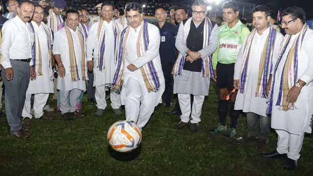 Tripura Chief Minister Dr Manik Saha kicks a football to inaugurate finale of a soccer tournament at Sonamura in Sepahijala district Tuesday evening. Image: Web