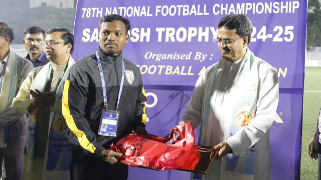 Tripura Chief Minister Dr Manik Saha attends prize distribution ceremony of the final match of the 78th National Football Championship Santosh Trophy 2024-25 at the Umakanta Mini Stadium Tuesday evening. Image: Web