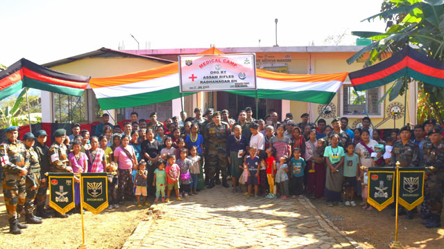 The Assam Rifles organises a medical camp for the Bru community members in Kaskaupara (Damcherra) in north Tripura Friday. Image: AR