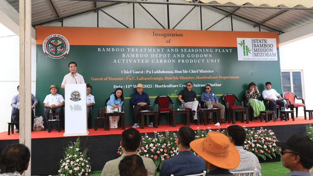 Mizoram Chief Minister Lalduhoma Wednesday inaugurates a bamboo processing unit under the National Bamboo Mission with a funding of Rs 252.826 lakh near Aizawl Wednesday. Image: DIPR