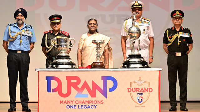 President Droupadi Murmu unveils 134th Durand Cup trophies in presence of chiefs of armed forces at a ceremony in Rashtrapati Bhawan Friday. Image: Web
