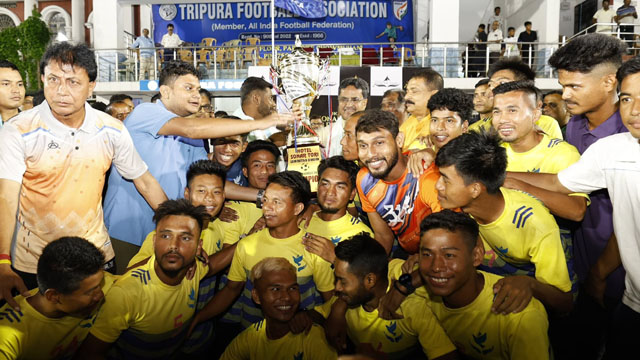 Tripura Chief Minister Dr Manik Saha attends closing and prize giving ceremony of the B- Division League Football Tournament at Umakanta Mini Football Stadium in Agartala Monday evening. Image: Web