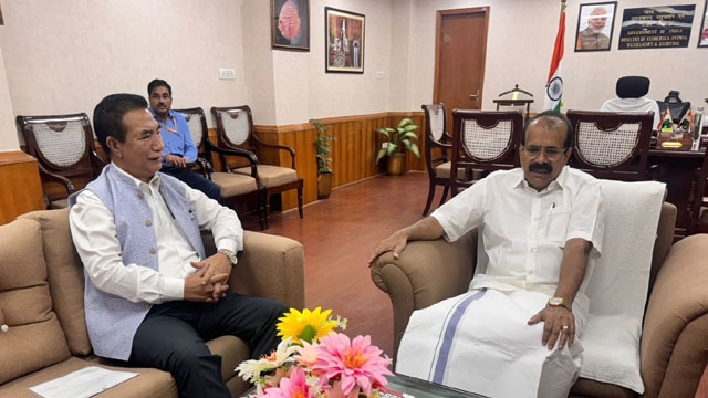 Mizoram Chief Minister Lalduhoma Tuesday meets with George Kurian, Union Minister of State for Fisheries, Animal Husbandry and Dairying, at New Delhi Tuesday. Image: DIPR