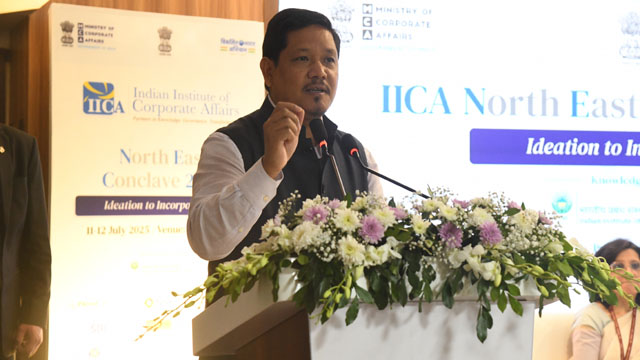 Meghalaya Chief Minister Conrad K Sangma speaks at the IICA Northeast Conclave in Shillong Friday. Image: DIPR