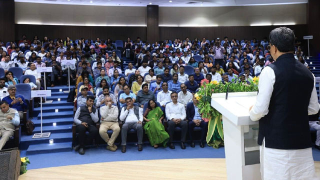 Tripura Chief Minister Dr Manik Saha speaks at the 2nd International and 22nd National Indian Association of Forensic Odontology Conference at the National Forensic Sciences University (NFSU) in Gandhinagar of Gujarat Saturday. Image: Web