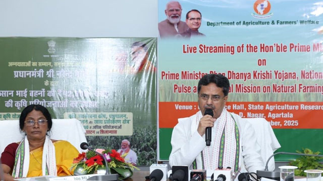 Tripura Chief Minister Dr Manik Saha Saturday virtually attends an event by the Prime Minister marked to inaugurate two projects — PM Dhan Dhaanya Krishi Yojana and Dalhan Aatmanirbharta Mission with the objective of empowering farmers. Image: Web