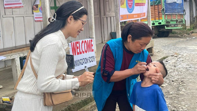 A Child being administered oral polio vaccine during SNID – Polio Day observed at Noklak town Monday. Image: DIPR