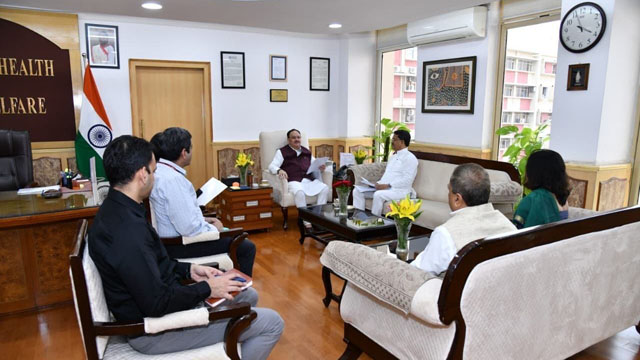 Chief Minister Dr Manik Saha and officials in a meeting with Union Health Minister JP Nadda in New Delhi Tuesday to discuss demands to sanction health and wellness projects in Tripura. Image: Web