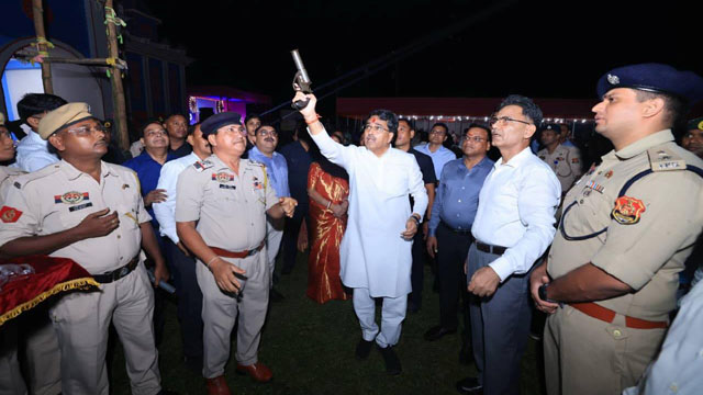 Tripura Chief Minister Dr Manik Saha joins Diwali celebrations of the Tripura police at AD Nagar in Agartala Monday. Image: Web