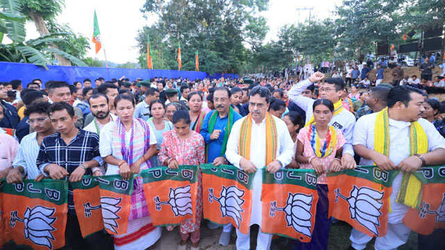 Tripura Chief Minister and senior BJP leader Dr Manik Saha, and state party President Rajib Bhattacharjee grace a joining programme at Jampuijala in west Tripura Wednesday. Image: Web