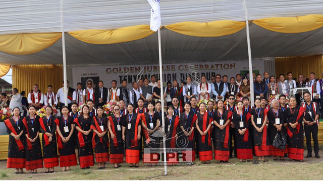 Chief Minister Dr Neiphiu Rio and Deputy CM TR Zeliang with other officials during the Golden Jubilee Celebration of the Tenyimi Union Dimapur at the DDSC Stadium Wednesday. Image: DIPR