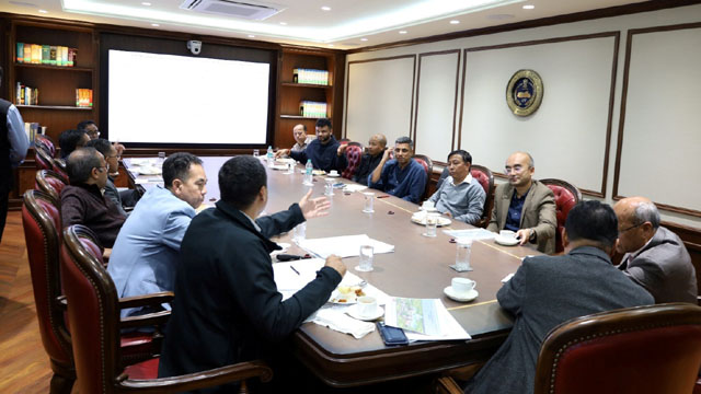 Speaker of the Meghalaya Legislative Assembly Thomas A Sangma chairs a review meeting Wednesday to assess the progress of the ongoing construction of the new Assembly building. Image: DIPR