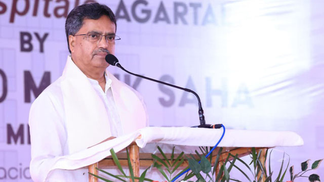 Tripura Chief Minister Dr Manik Saha speaks after unveiling the foundation stone of Shija Hospital at RK Nagar, near Agartala, Wednesday. Image: DICA