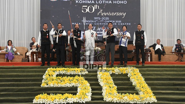 Nagaland Chief Minister Dr Neiphiu Rio with Deputy CM Y Patton and other dignitaries during the Kohima Lotha Hoho 50th Golden Jubilee Celebration at Kohima Friday. Image: DIPR