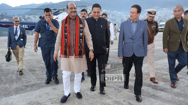 Lok Sabha Speaker Om Birla Sunday received by the dignitaries at the helipad in Kohima to inaugurate the 22nd Annual Conference of the Commonwealth Parliamentary Association (CPA) India Region Zone-III at Kohima November 10. Image: DIPR
