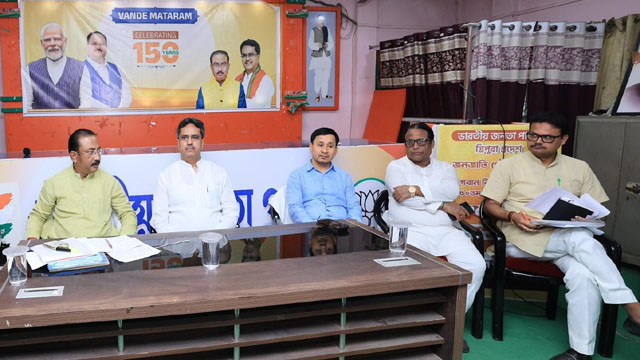 Tripura Chief Minister Dr Manik Saha and senior party leaders attend the organisational meeting at the State BJP Office Sunday. Image: Web