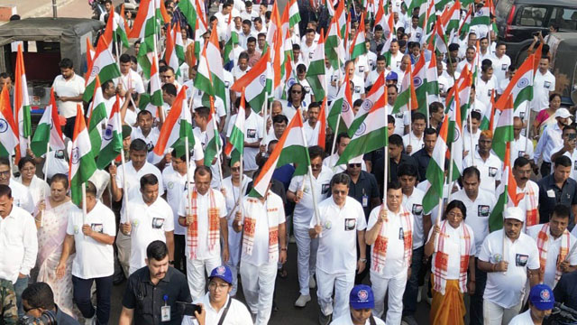 Tripura Chief Minister Dr Manik Saha, ministers and dignitaries join the Unity March celebrating the 150th birth anniversary of the Iron Man of India Sardar Vallabhbhai Patel in Agartala Monday. Image: Web