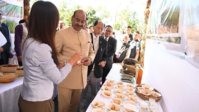 Lok Sabha Speaker Om Birla visits the exhibition showcasing rich heritage and vibrant craftsmanship of the region at the premises of the Nagaland Legislative Assembly at Kohima Monday. Image: DIPR