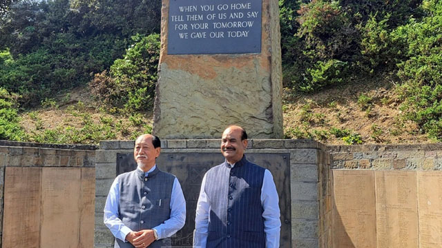 Lok Sabha Speaker Om Birla and Nagaland Chief Minister Neiphiu Rio attend Remembrance Day ceremony at the Commonwealth War Cemetery in Kohima Tuesday. Image: DIPR