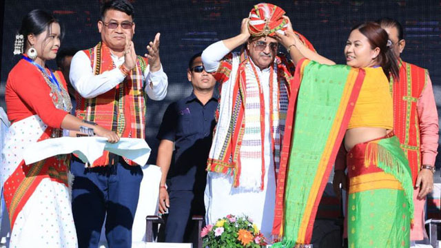 Tripura Chief Minister Dr Manik Saha graces Janjatiya Gaurav Divas celebrated at Khumulwng, near Agartala, Saturday. Image: Web
