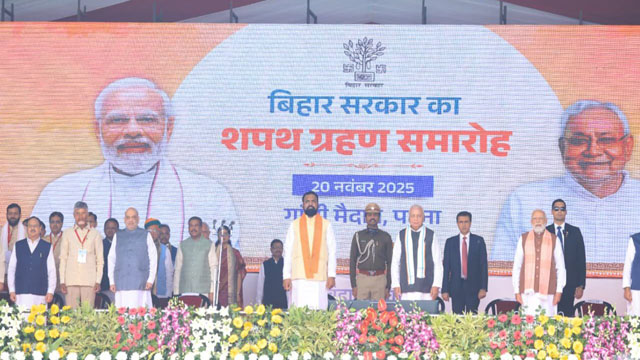 Tripura Chief Minister Dr Manik Saha attends oath-taking ceremony of Nitish Kumar as Chief Minister of Bihar for a record 10th time at Gandhi Maidan in Patna Thursday. Image: Web