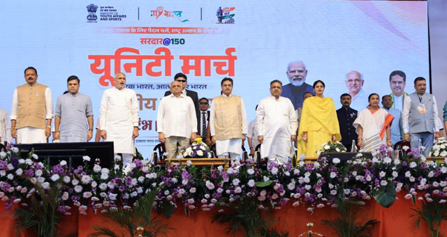 Tripura Chief Minister Dr Manik Saha, Gujarat Chief Minister Bhupendrabhai Patel and senior BJP leaders grace Sardar@150 Unity March National Padyatra flagging-off ceremony at Shastri Maidan in Gujarat Wednesday. Image: Web