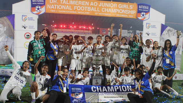 Maharashtra team emerges champion of Dr T Ao Junior Girls National Football Championship 2025–26 at Football Stadium in Police Complex, Chumoukedima, Thursday. Image: DIPR